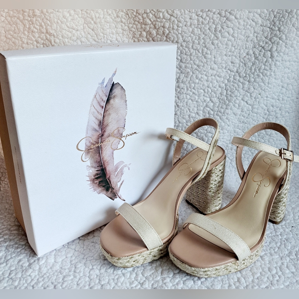Jessica Simpson Beige/ Gold Block Heel Shoe with Adjustable Strap